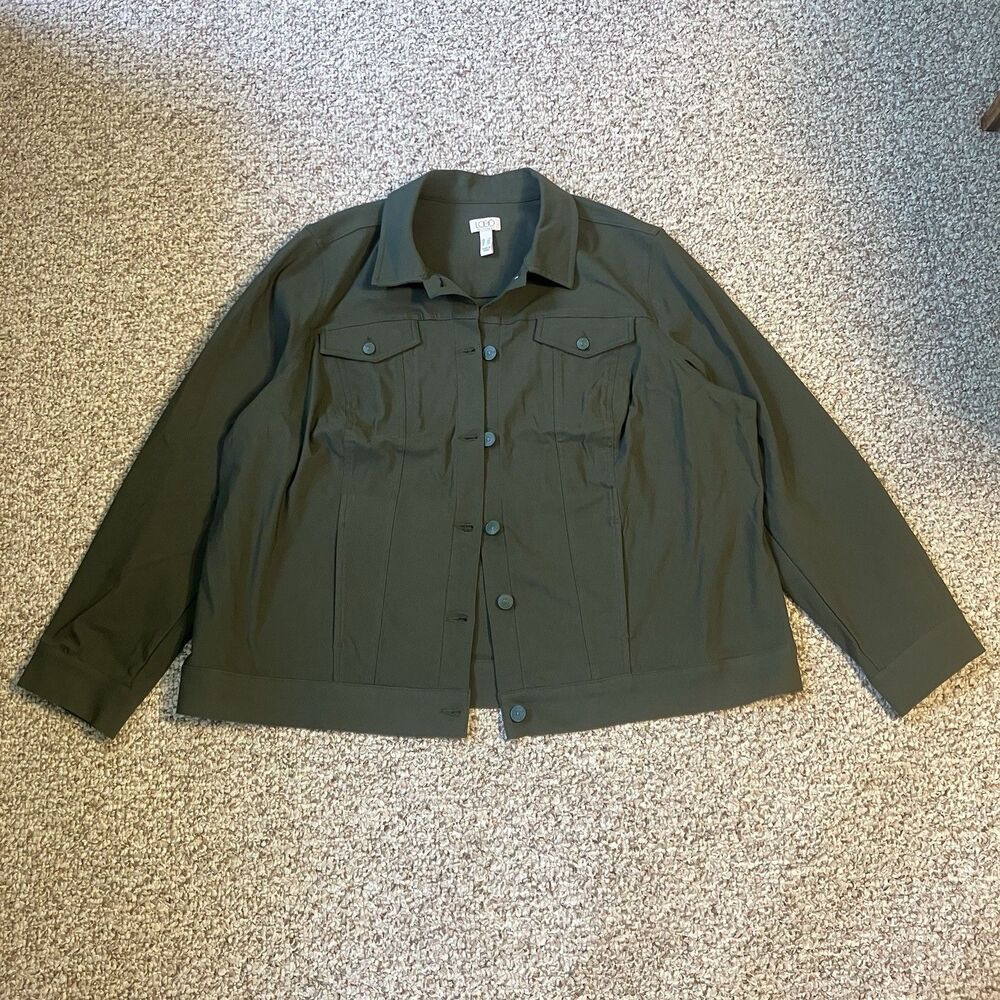 Logo By Lori Goldstein Womens Jacket 1X Green Stretch Long Sleeve Button Trucker